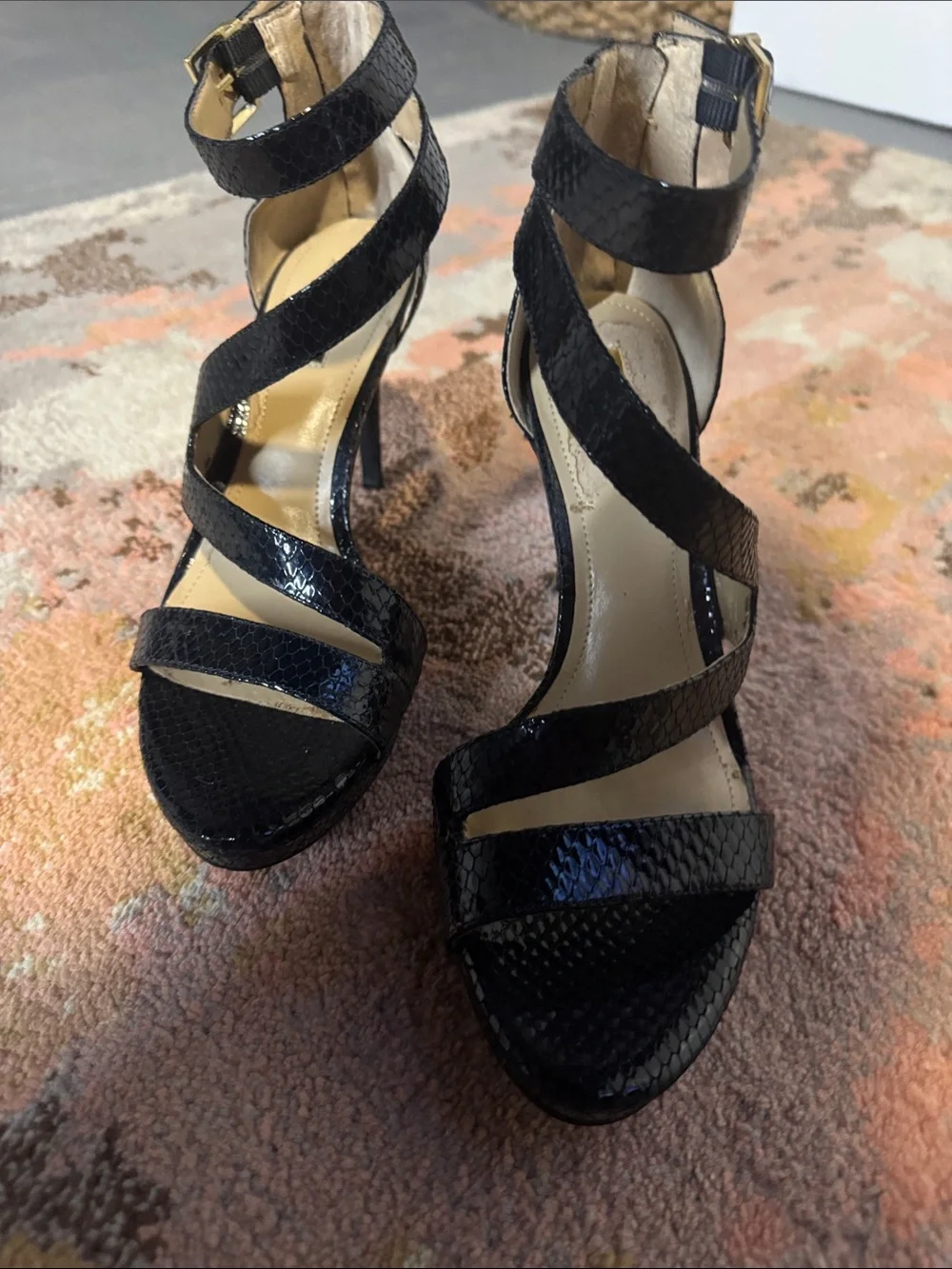 BCBGeneration Black Faux-Snakeskin Strappy High Heels